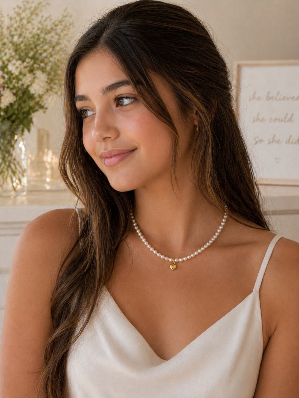 Classic White fresh water Pearl Necklace with Gold Heart Pendant for child/teen